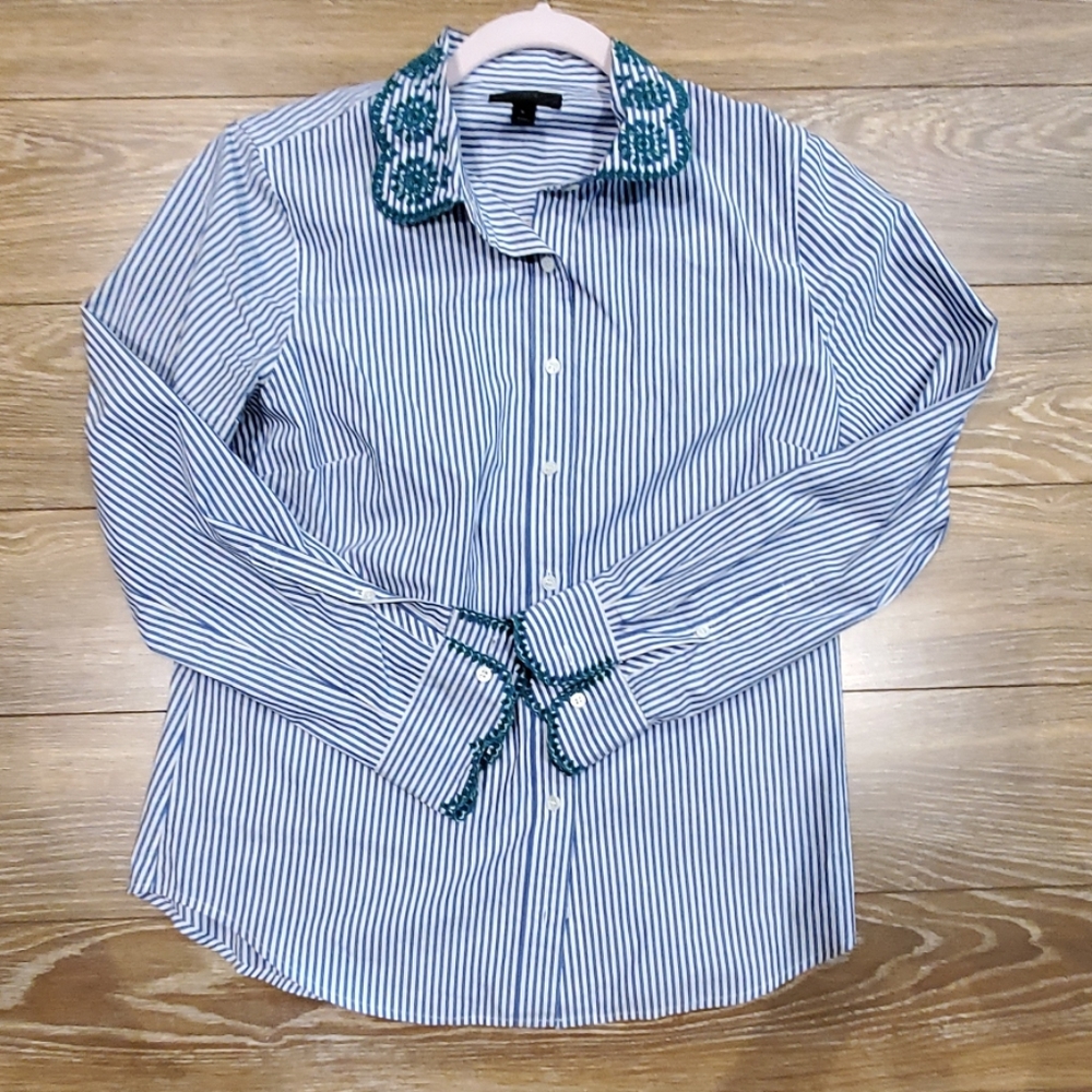J Crew Embroidered Collar and Cuff Stripe Shirt